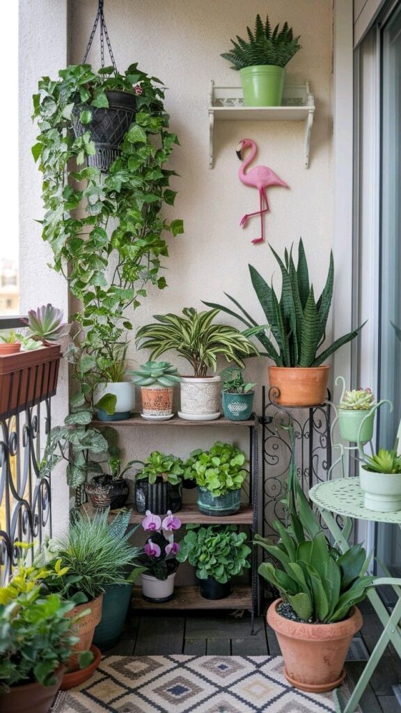 Cozy Indian balcony garden filled with potted plants, hanging baskets, and a small seating area for relaxing amid greenery.