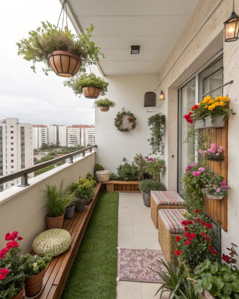 Small balcony garden with lush greenery, herbs, and colorful planters arranged neatly to maximize vertical space in a city apartment.