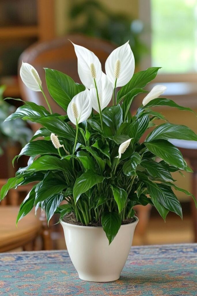 Peace Lily in a white pot with glossy green leaves.